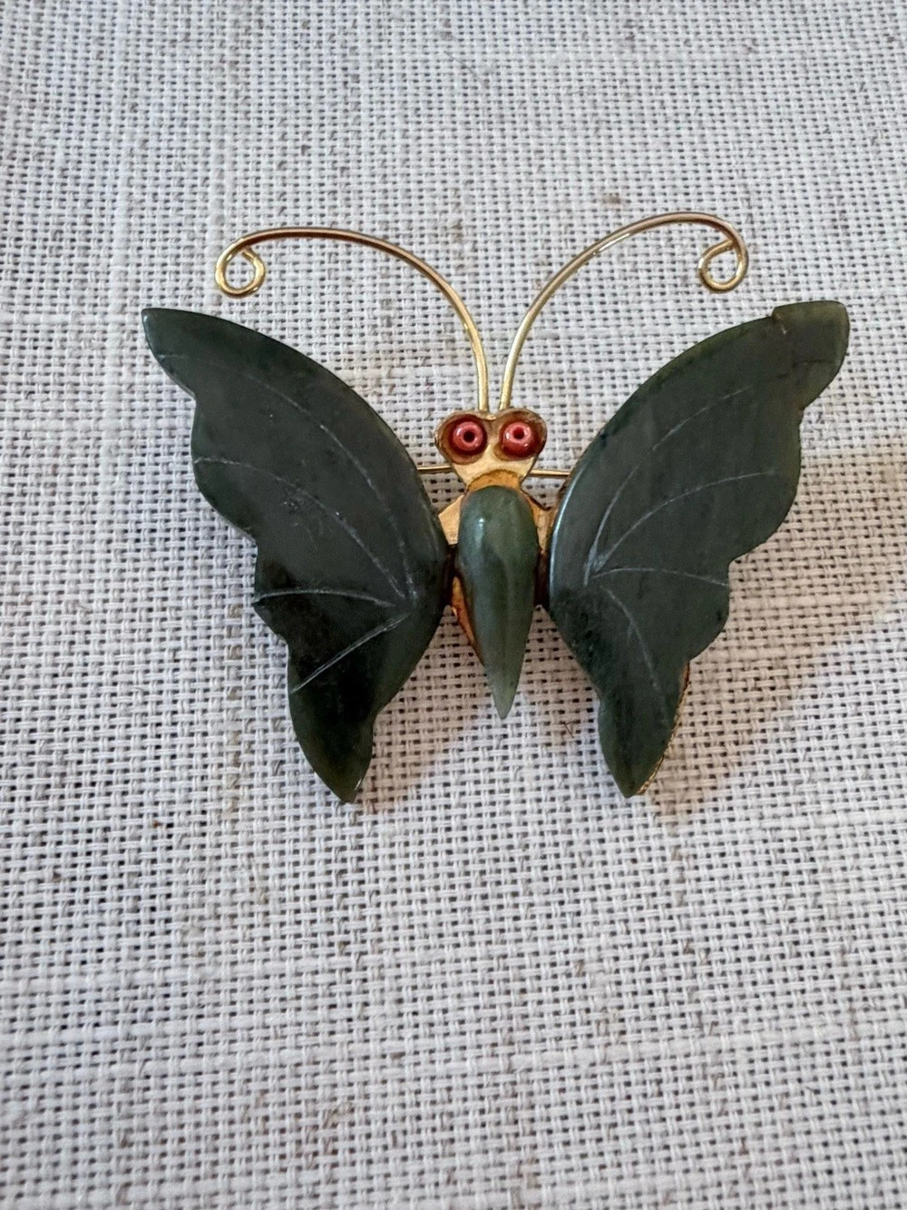 Vintage Carved Green Jade Butterfly Brooch Pin Gold Tone Red Coral Eyes 1970s Co